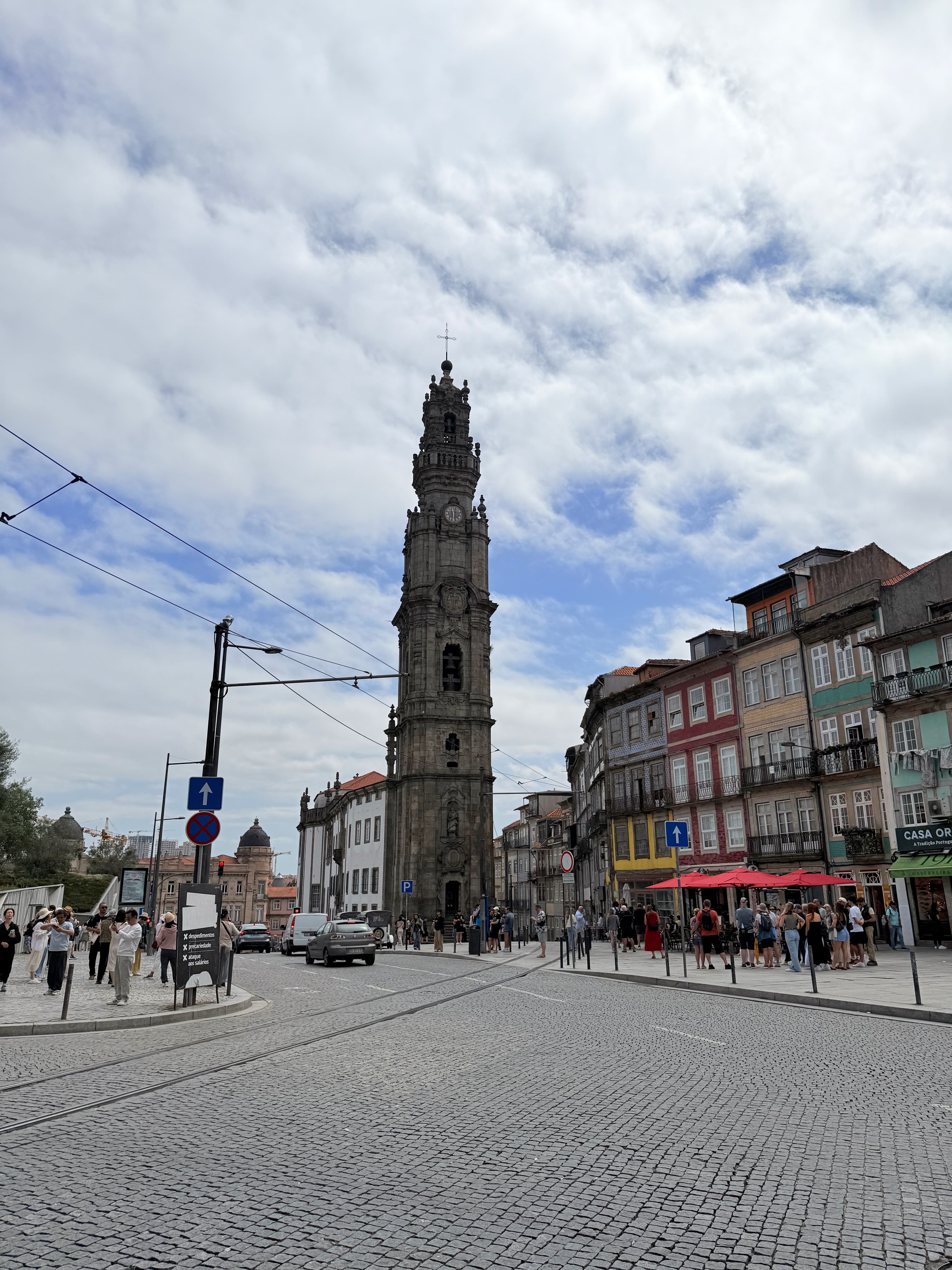 The famous Clérigos Tower (Torre dos Clérigos), a tall, iconic tower attached to the back of the Clérigos Church.