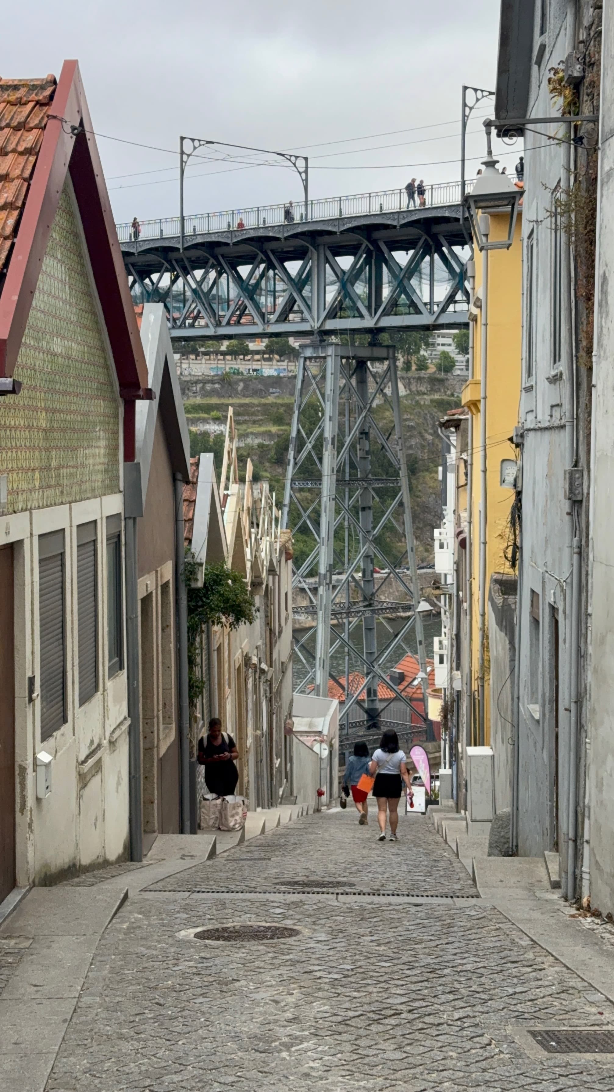 The tightly packed, colorful buildings of Porto on our way down to the lower deck.