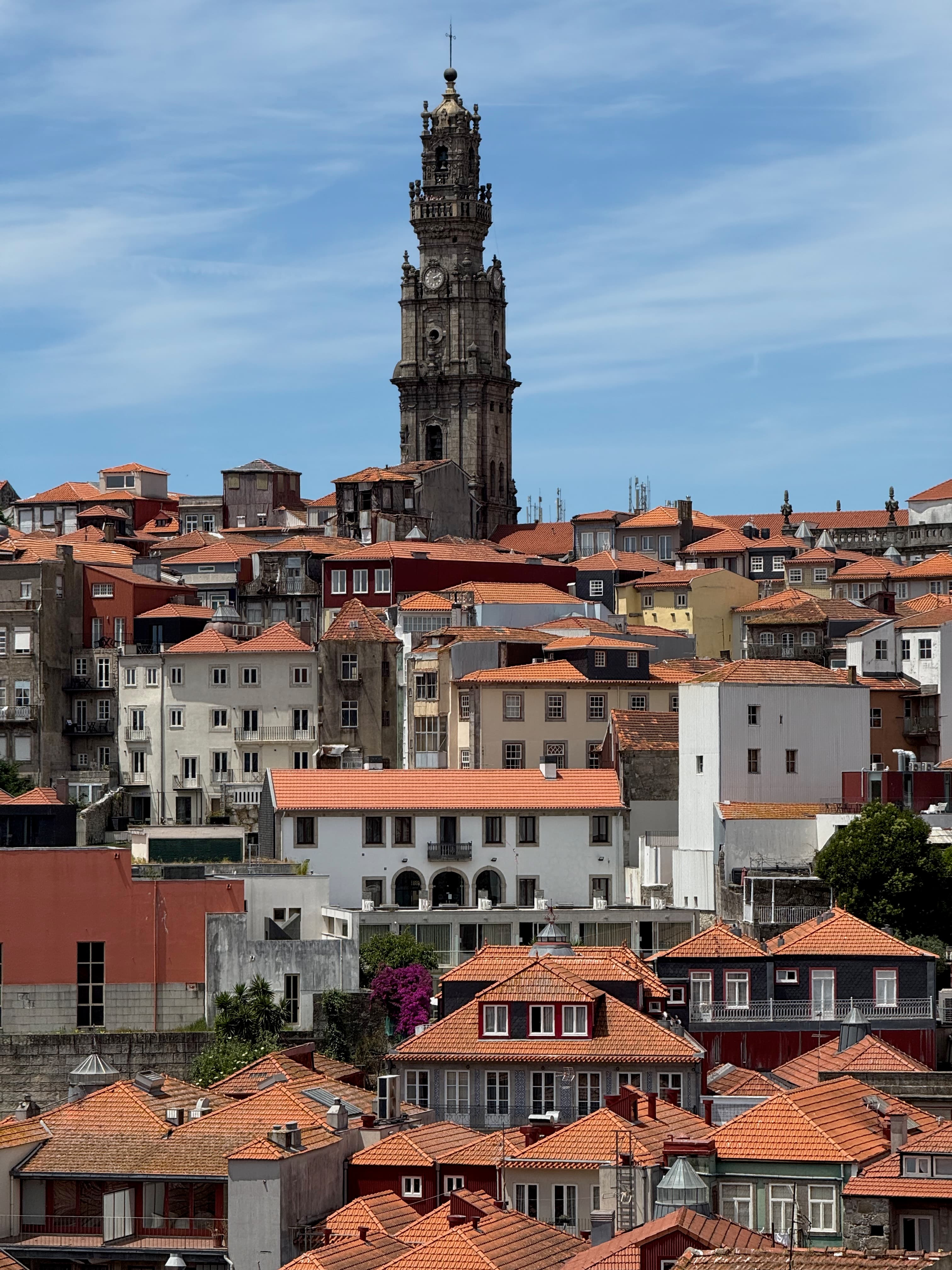 The stunning, sun-drenched view of Porto's iconic orange-tiled rooftops stretching across the hills.